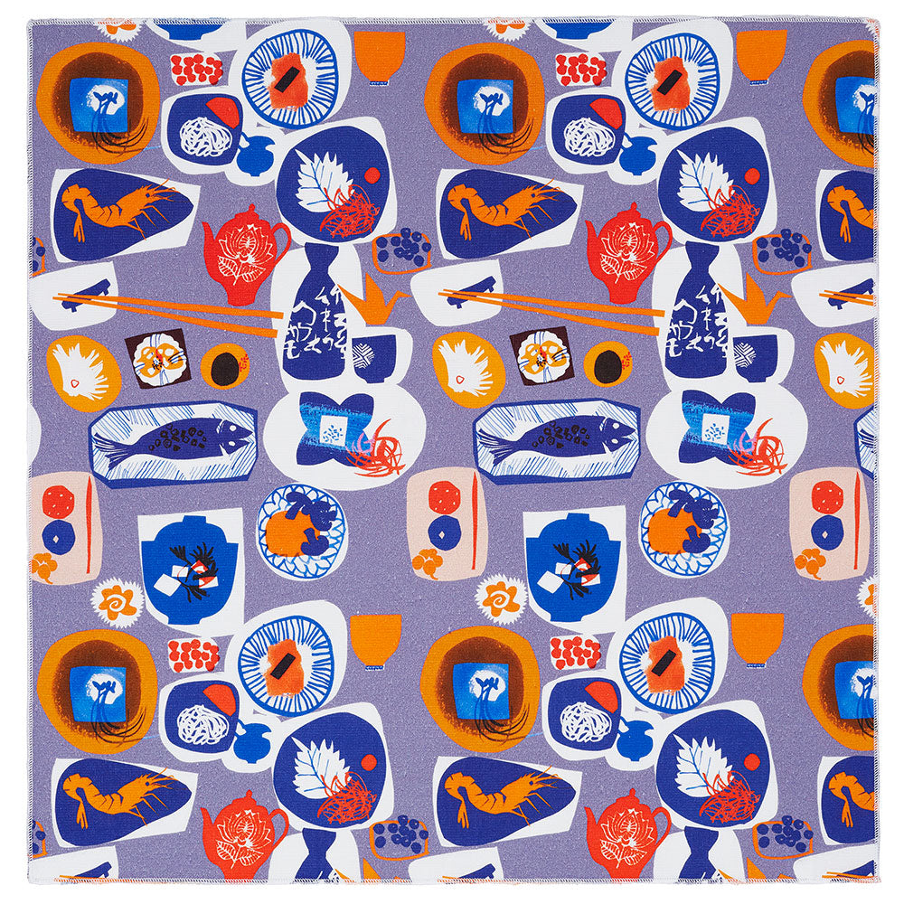 Farbenfrohes abstraktes Muster mit orangefarbenen, blauen und weißen Formen, Blättern und Vögeln auf violettem Hintergrund.