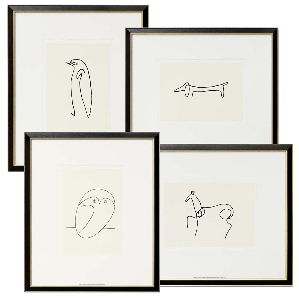 Vier gerahmte minimalistische Strichzeichnungen: ein Pinguin, ein Hund, eine Eule und eine Person auf einem Pferd.