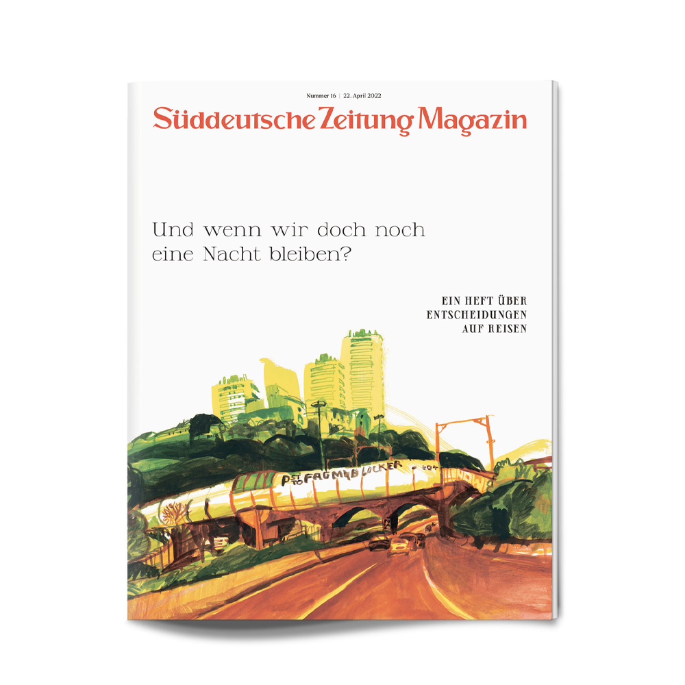 Magazinumschlag mit illustrierter Stadtlandschaft, einer Brücke, Bäumen und Hochhäusern unter einem weißen Himmel.