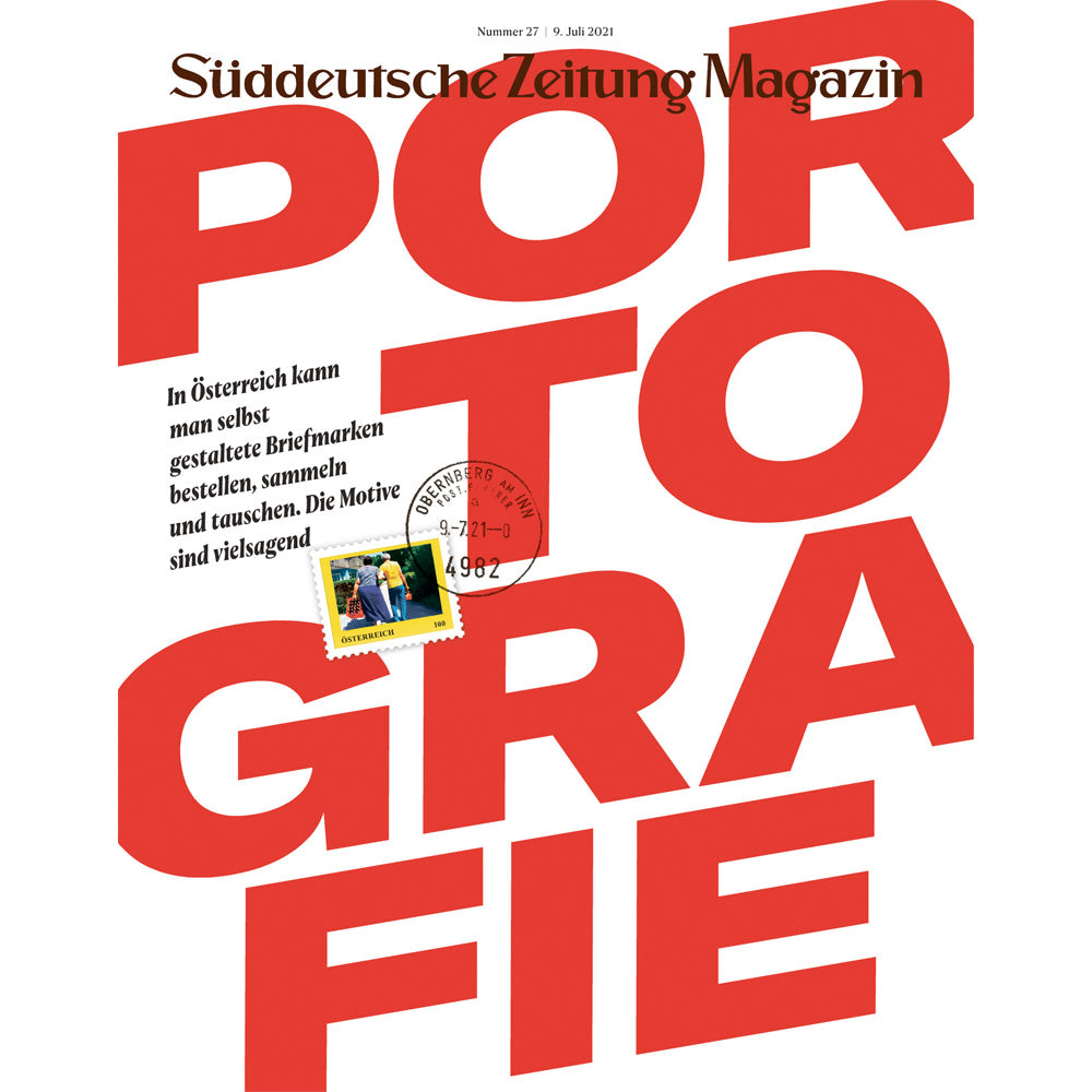 Heftumschlag mit großem roten Text PORTOGRAFIE und einer kleinen österreichischen Briefmarke in der Mitte.