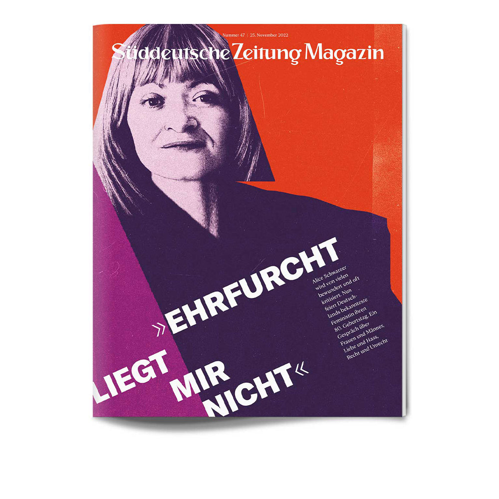 Das Titelbild einer Zeitschrift zeigt das Porträt einer Frau mit fettgedrucktem deutschem Text und einem orange-lila Farbschema.