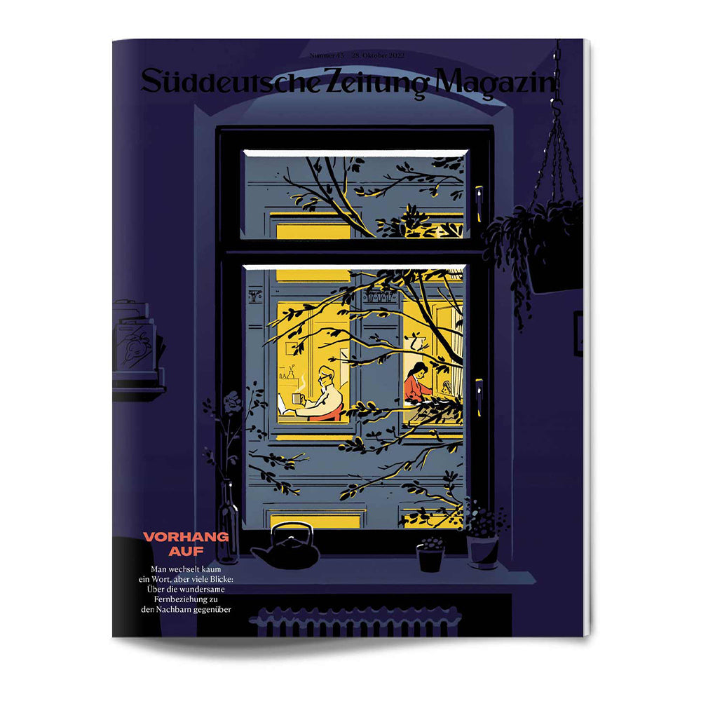 Illustration eines nächtlichen Fensters mit Blick in einen beleuchteten Raum, in dem zwei Personen an einem Tisch sitzen.