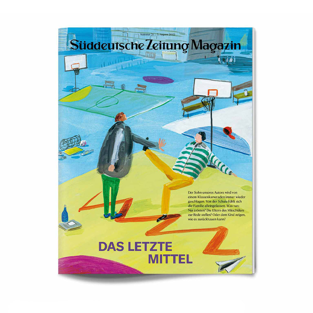 Illustriertes Titelbild einer Zeitschrift mit zwei Personen auf einem bunten Basketballfeld mit dem Titel Das letzte Mittel.