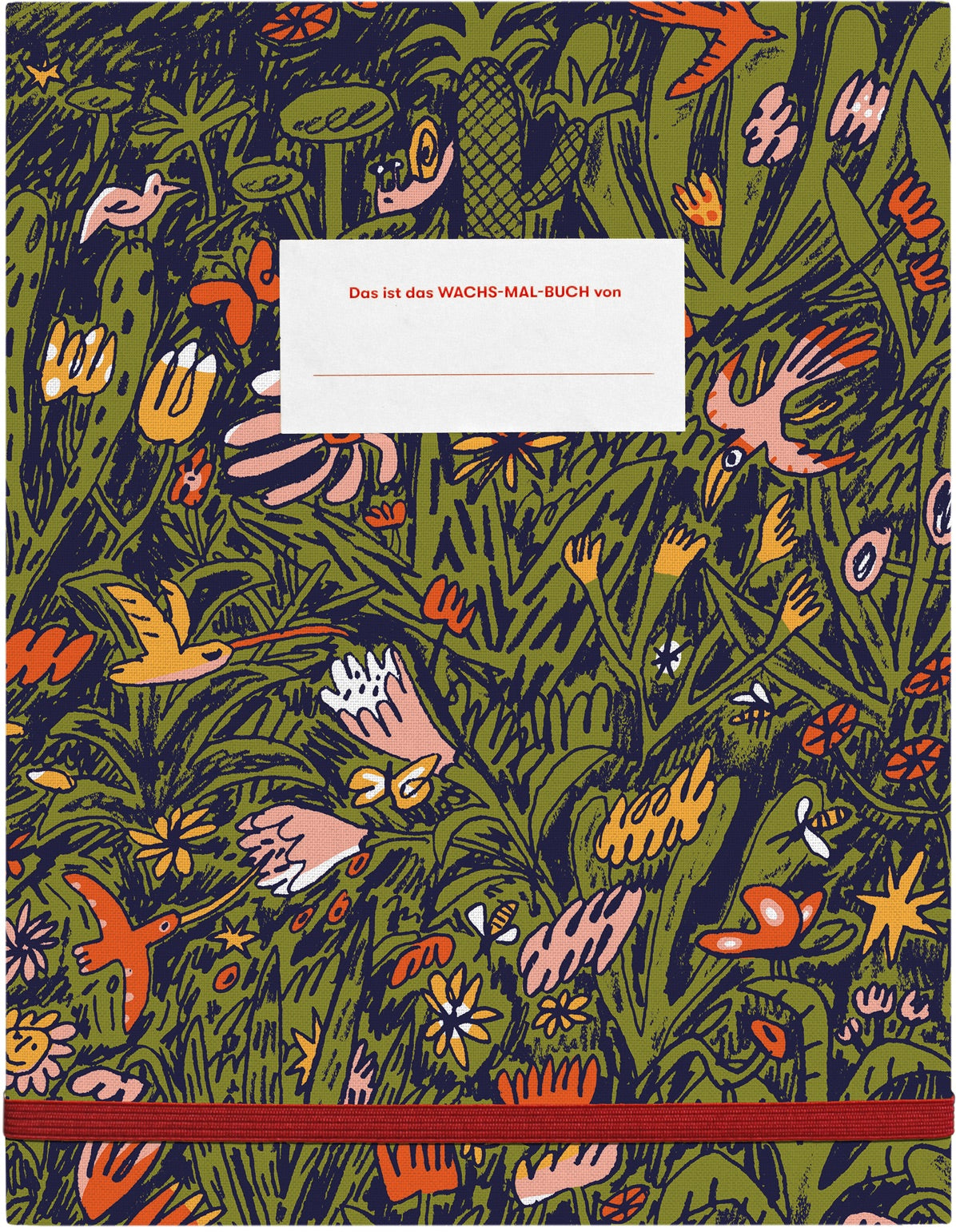 Farbenfrohe, skurrile Blumen- und Vogelillustration mit einem rot umrandeten weißen Etikett oben in der Mitte.