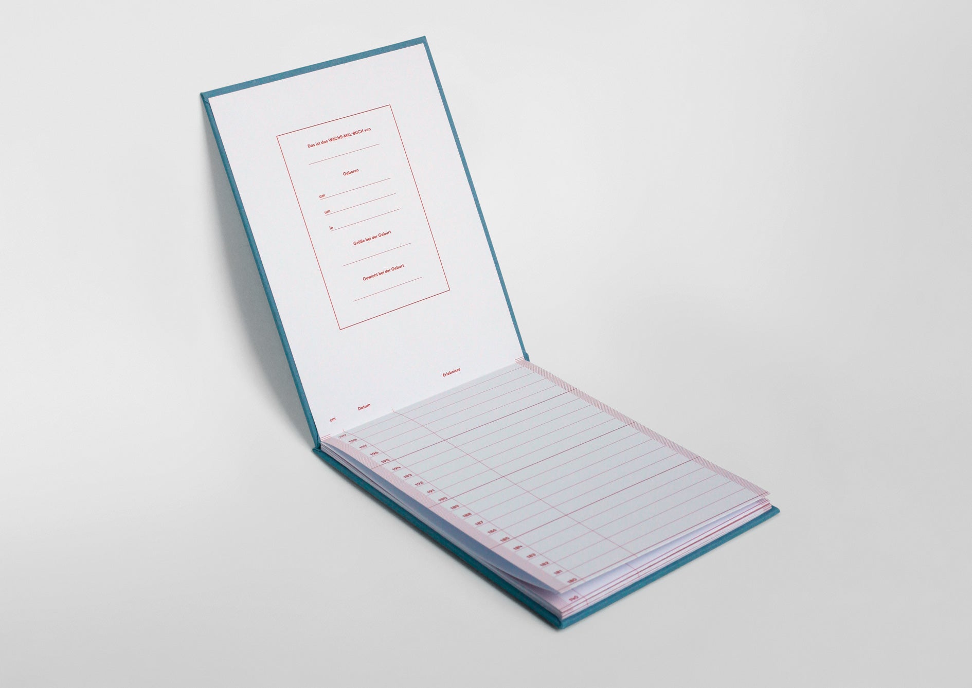 Ein offenes Notizbuch mit linierten Seiten und blauem Einband, das auf einer schlichten weißen Oberfläche liegt.
