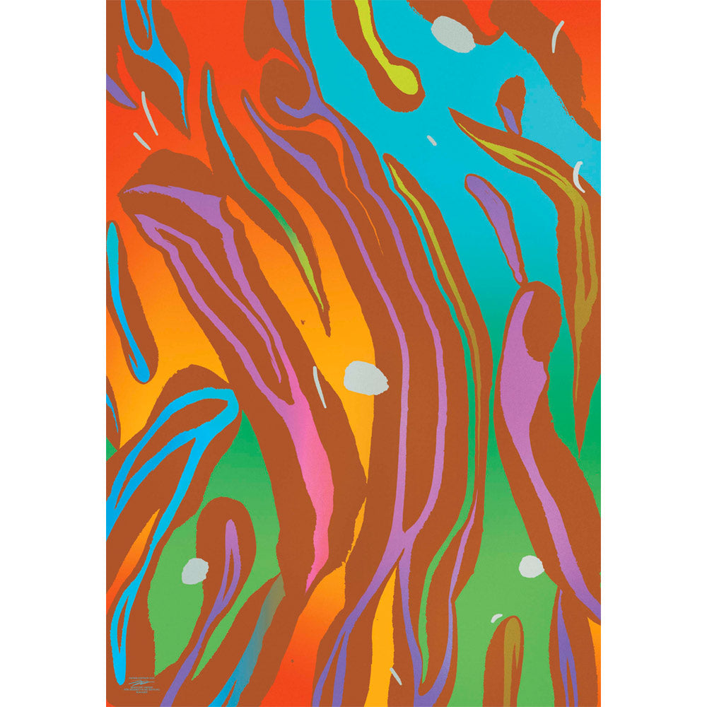 Abstrakte Kunst mit wellenförmigen orangefarbenen, violetten und grünen Linien auf einem rot-grünen Hintergrund mit Farbverlauf und weißen Flecken.