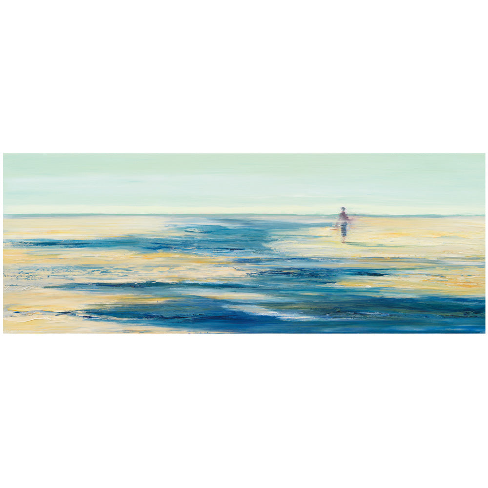 Abstraktes Gemälde einer einsamen Gestalt am Meer, wobei Blau-, Gelb- und Weißtöne ineinander übergehen.