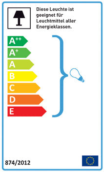 Das deutsche Energielabel zeigt die Lampeneffizienz von A++ (grün, am effizientesten) bis E (rot, am wenigsten effizient).