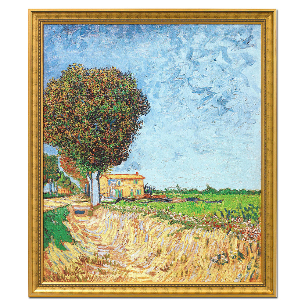 Gerahmtes Gemälde eines Landhauses, Baums und Feldern unter blauem Himmel im Van Gogh-Stil.