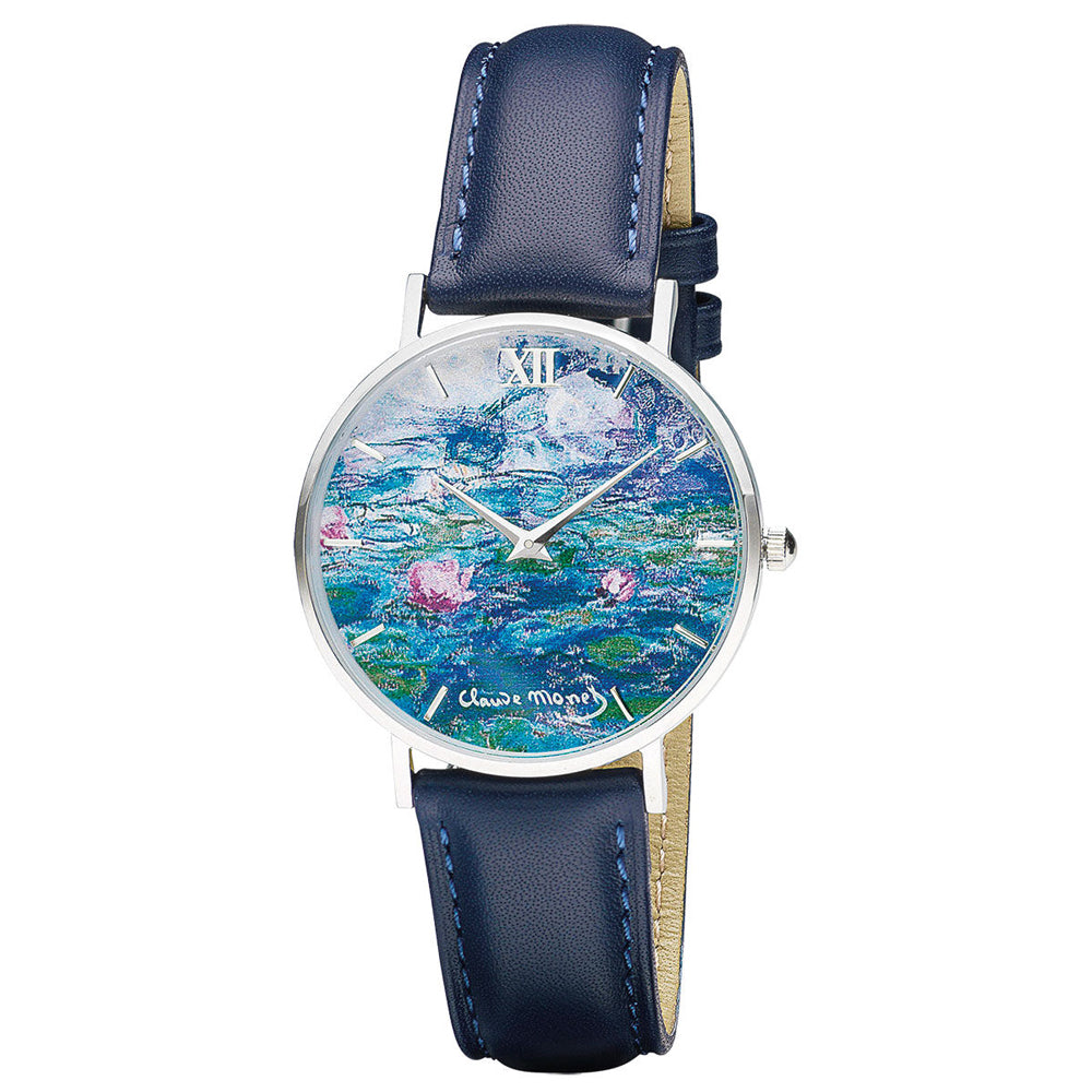 Armbanduhr mit blauem Lederarmband und Zifferblatt mit Monets Gemälde „Seerosen“ und seiner Unterschrift.