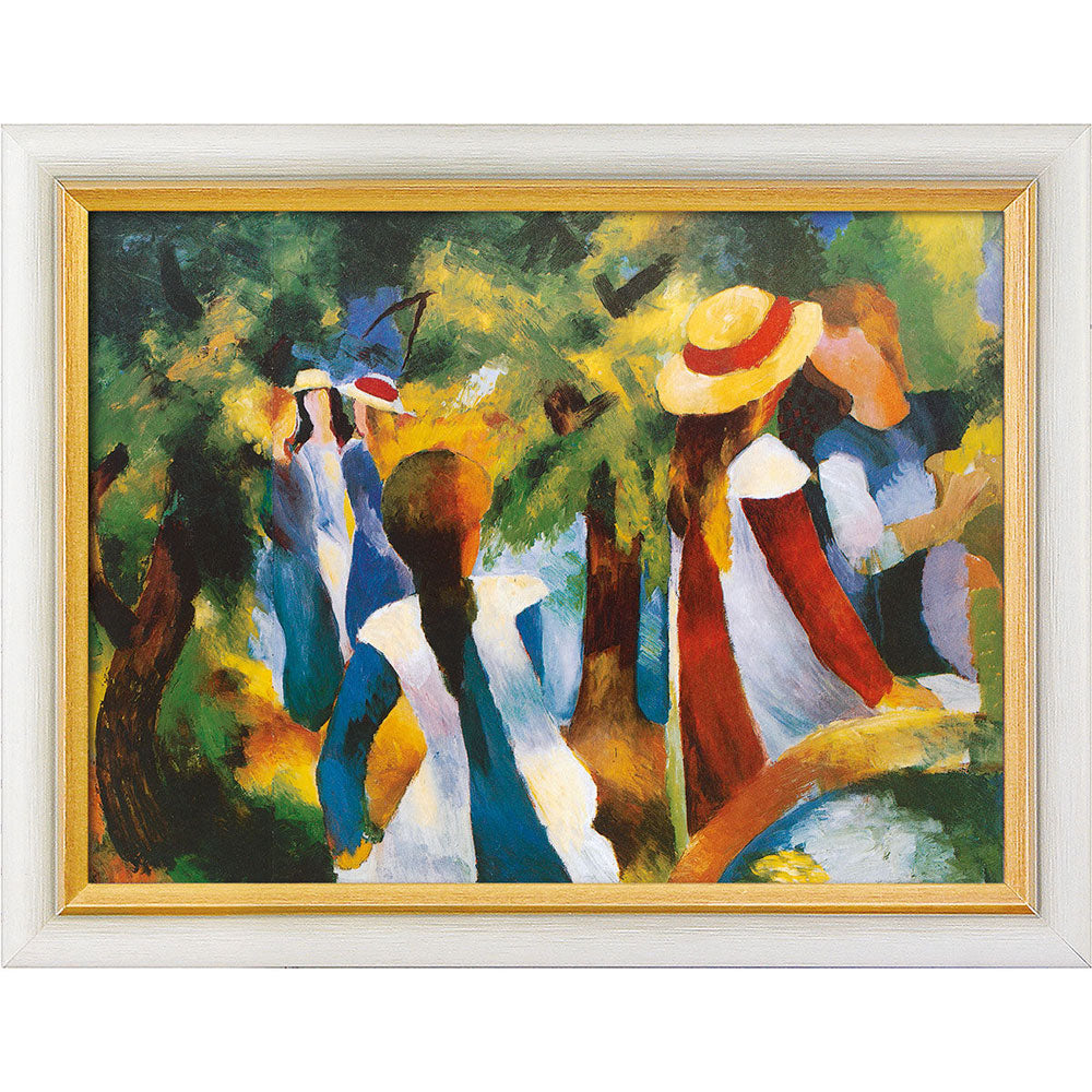 Impressionistisches Gemälde von Frauen in Hüten und Kleidern, die zwischen Bäumen in einem sonnenbeschienenen, farbenfrohen Garten spazieren gehen.