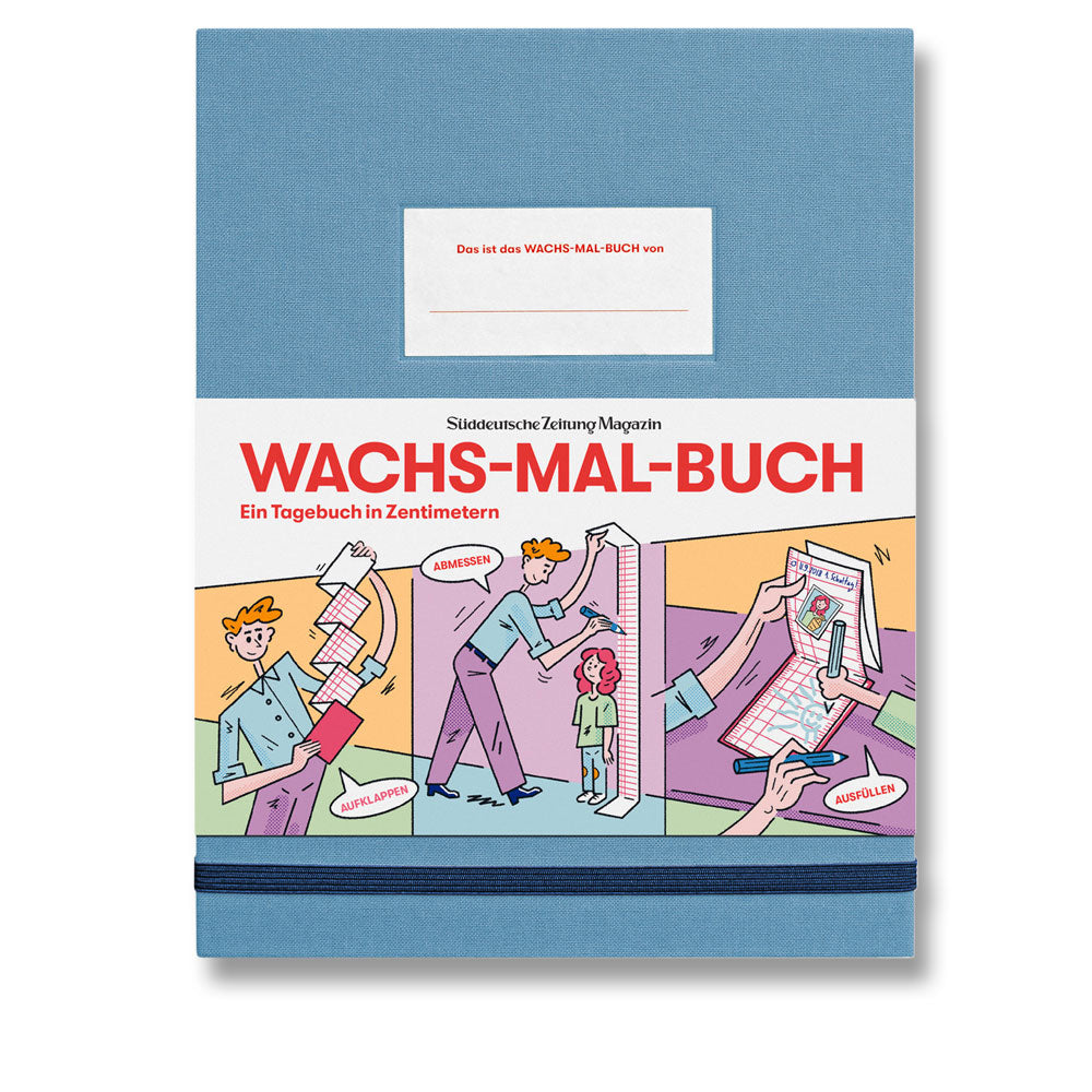 Blaues Tagebuch mit Cartoon-Zeichnungen und dem Titel WACHS-MAL-BUCH in fetten roten Buchstaben auf dem Cover.