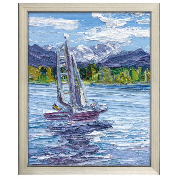 Impressionistisches Gemälde eines Segelboots auf einem See mit Bergen und Bäumen im Hintergrund.