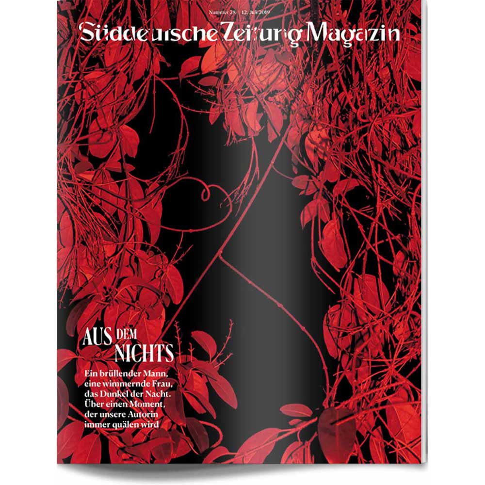 Magazinumschlag mit rotem Rankengewirr auf schwarzem Hintergrund und überlagertem deutschen Text.