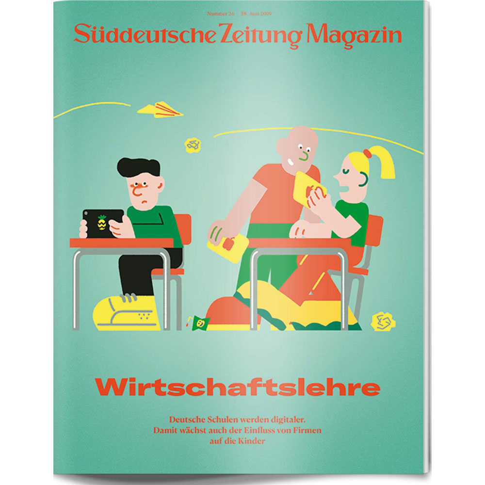 Illustration von Schülern und einem Lehrer, die digitale Geräte in einem Klassenzimmer benutzen, auf einer Zeitschriftenhülle.