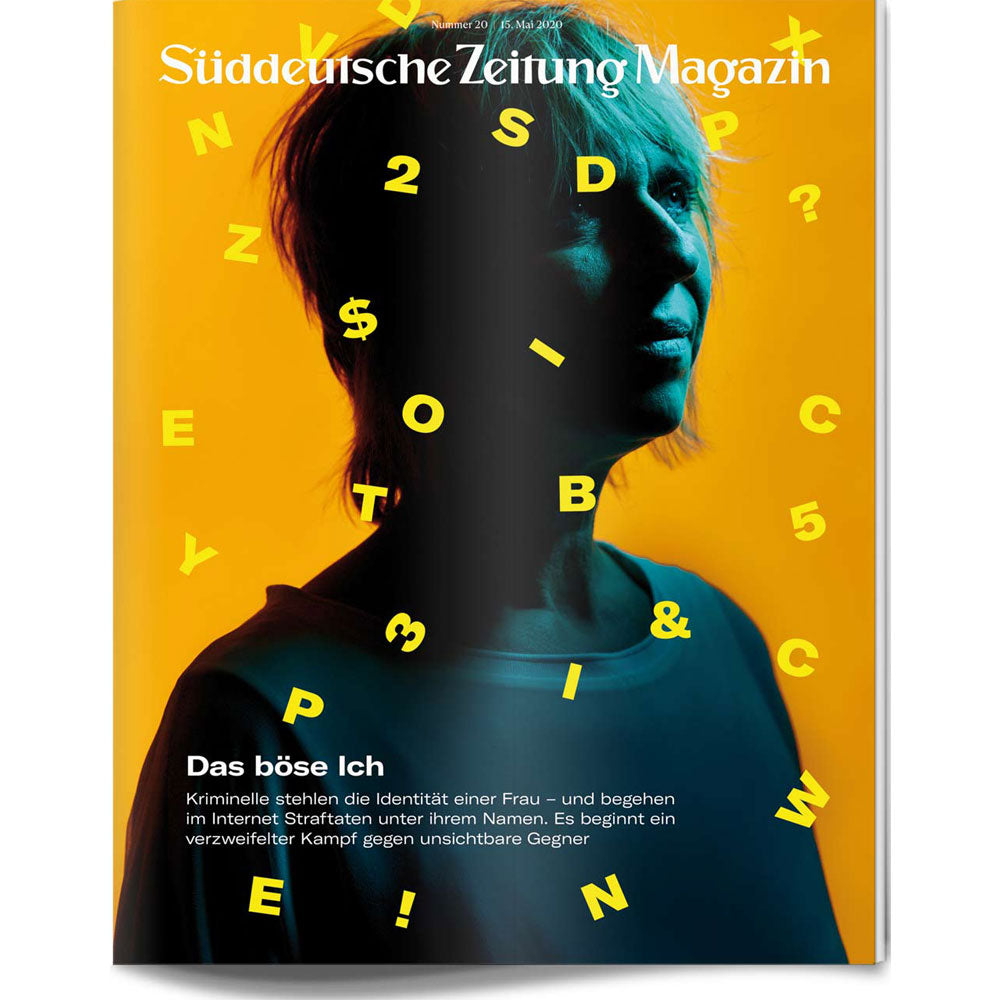 Eine Frau in blauem Licht mit gelben Buchstaben und Symbolen, die auf einem orangefarbenen Hintergrund schweben; Titelbild einer Zeitschrift.