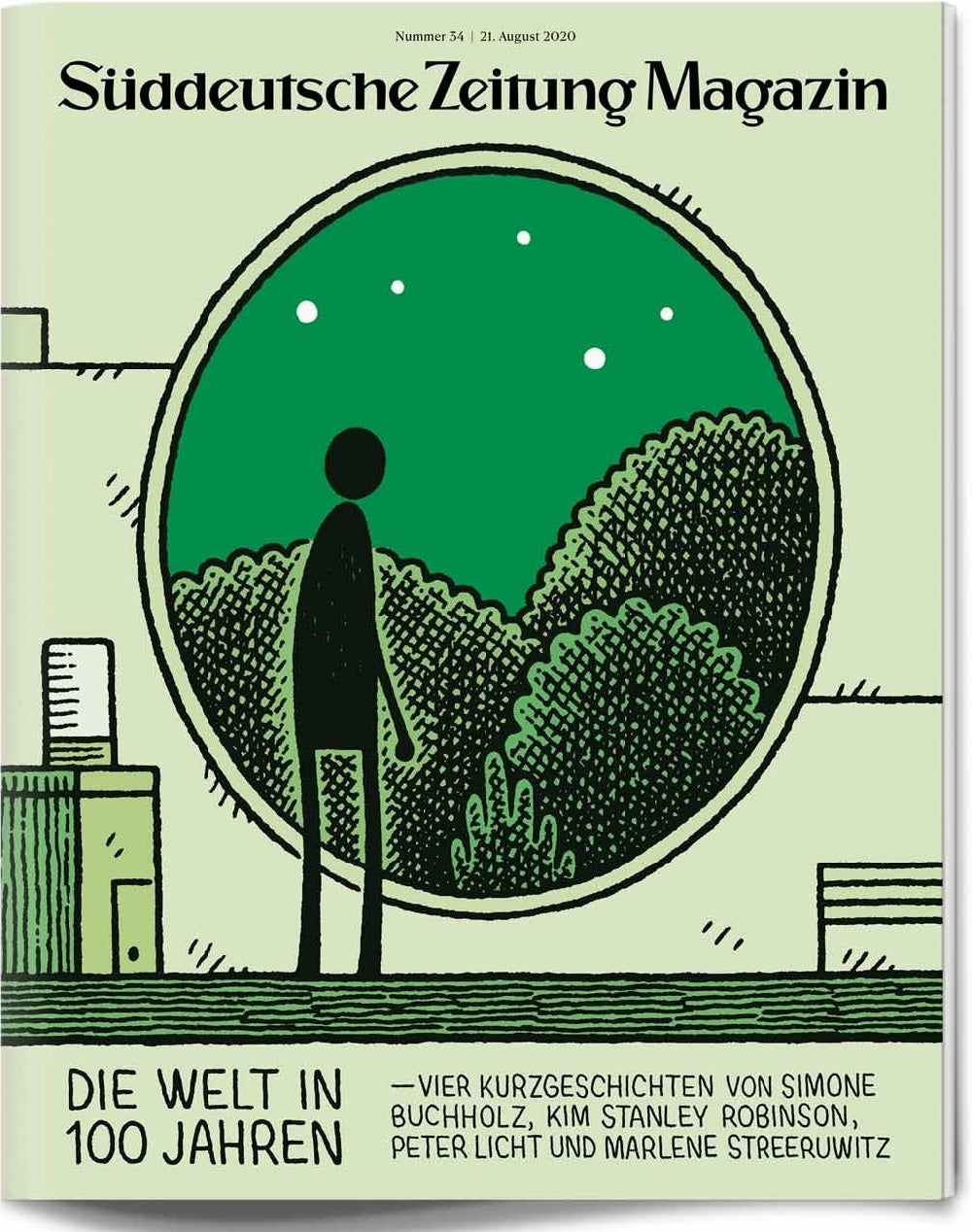 Illustration einer Person, die durch ein großes rundes Fenster auf eine grüne Landschaft blickt; Umschlag einer deutschen Zeitschrift.