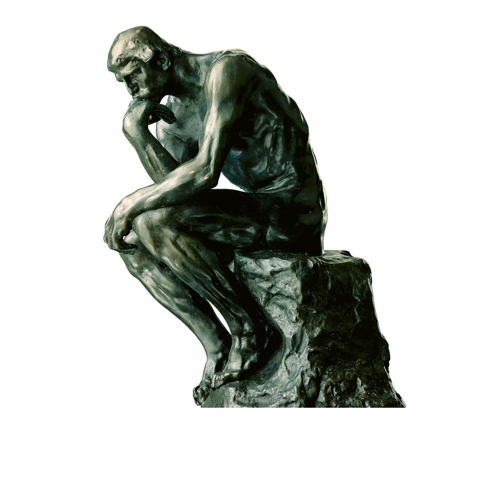Bronzestatue eines sitzenden Mannes, der in einer nachdenklichen Pose sein Kinn auf seine Hand stützt.