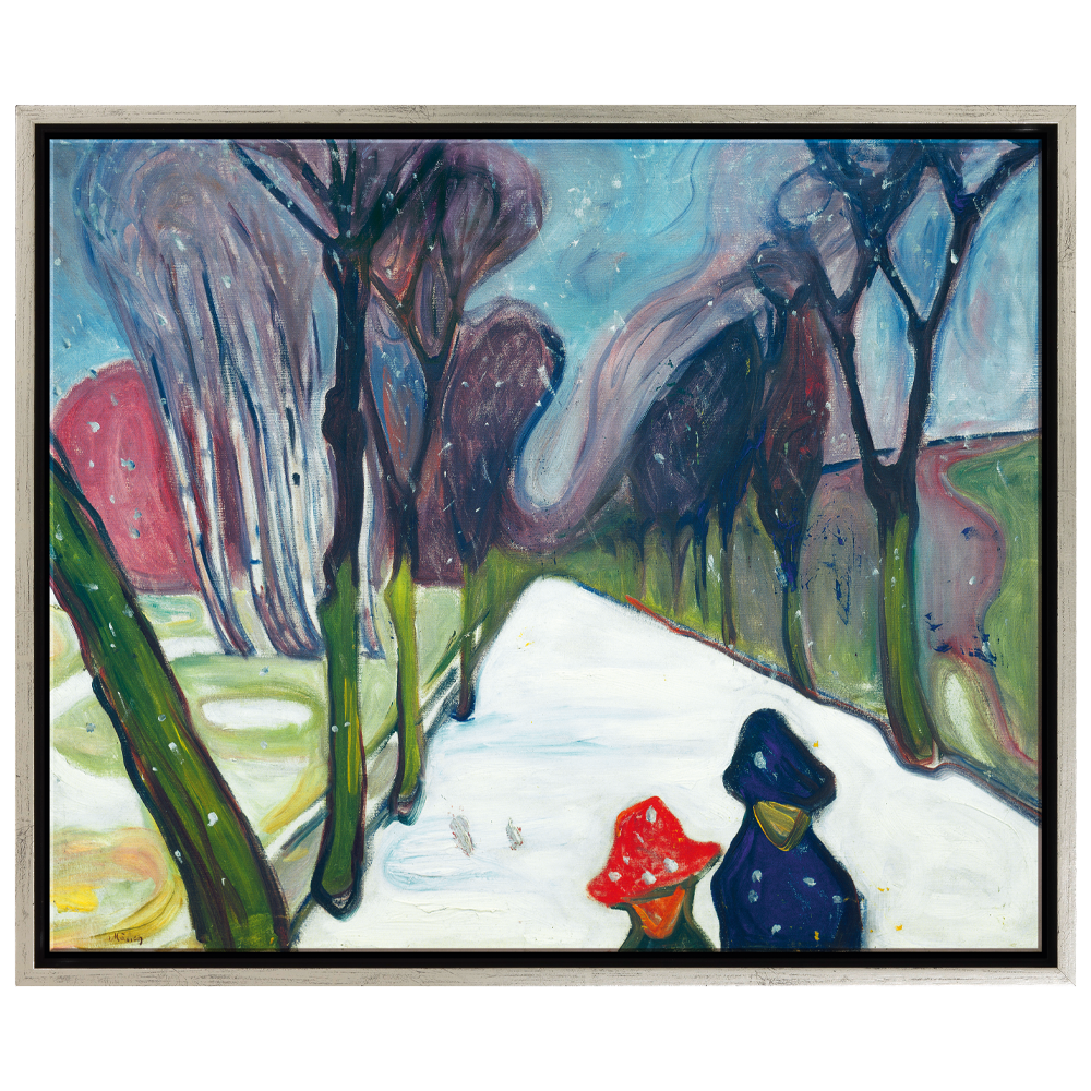 Zwei Gestalten in Mänteln und Hüten gehen unter einem lebhaften, wirbelnden Himmel auf einem verschneiten, von Bäumen gesäumten Pfad.