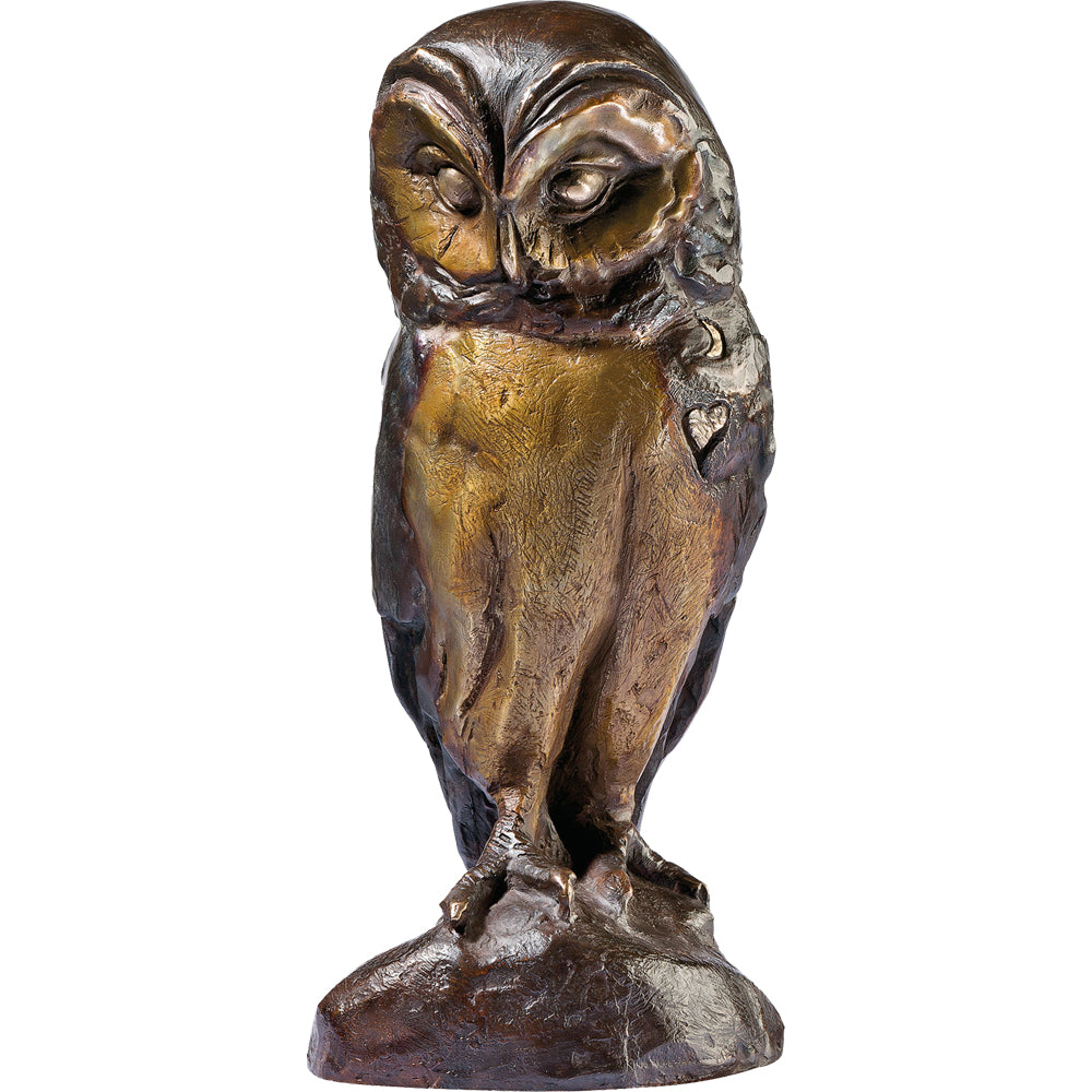 Bronzeskulptur einer Eule, die auf einem Sockel steht und den Kopf leicht nach unten neigt.