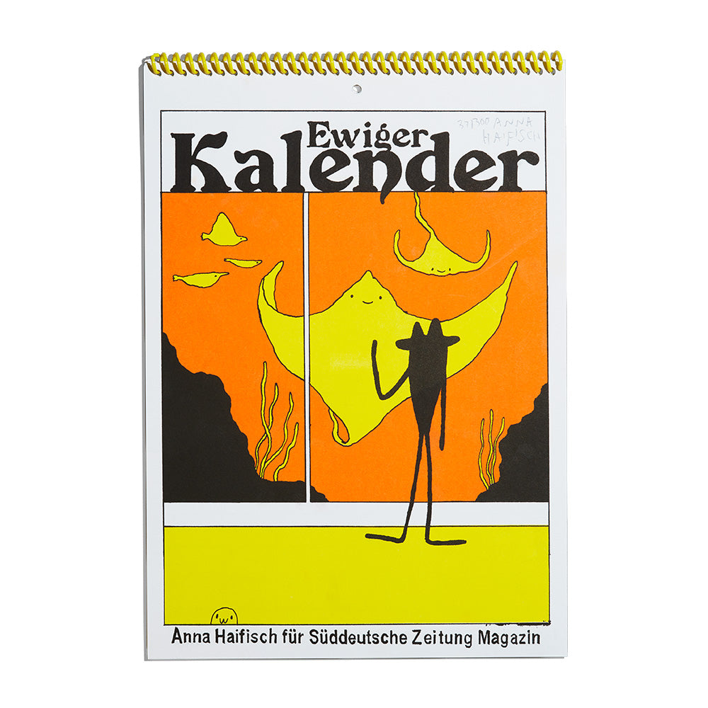Bunt illustriertes Kalendercover mit zwei gelben geisterhaften Figuren und einem schwarzen Strichmännchen davor.