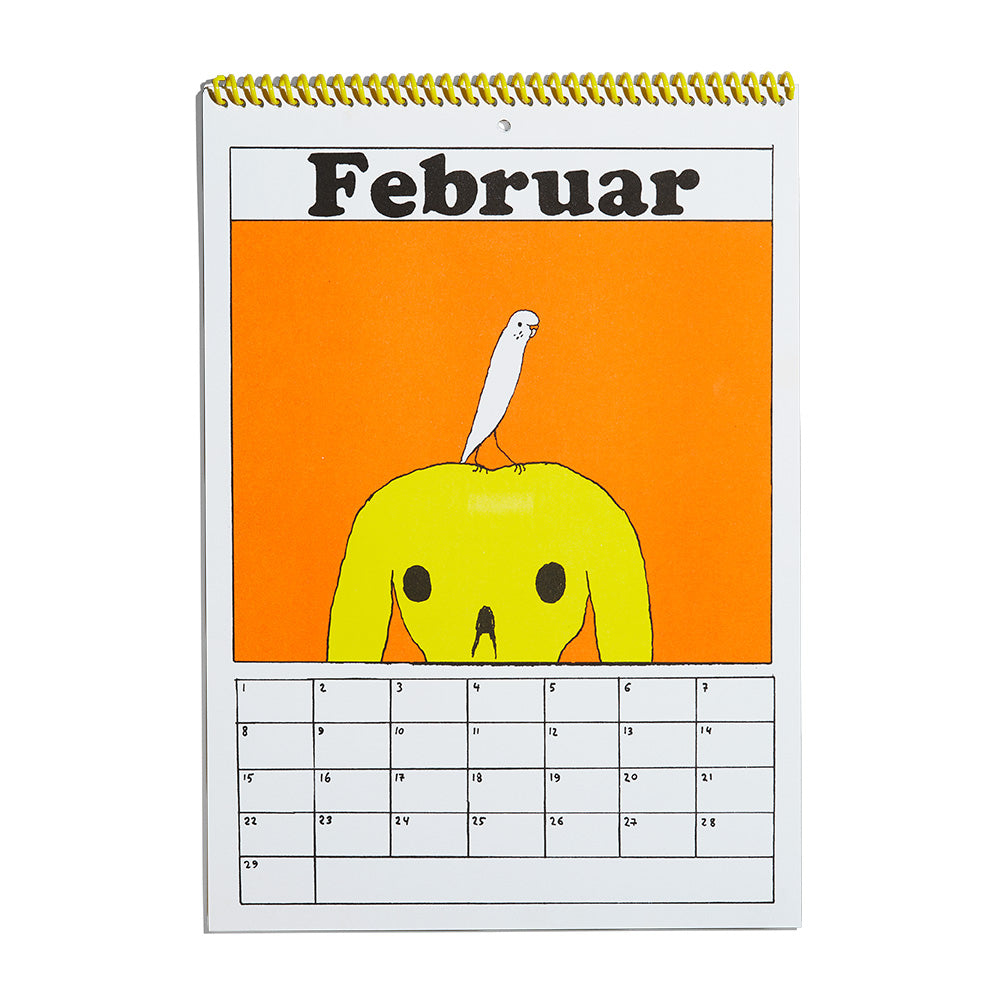 Illustriertes Februar-Kalenderblatt mit einem weißen Vogel, der auf dem Kopf eines gelben Elefanten vor einem orangefarbenen Hintergrund sitzt.