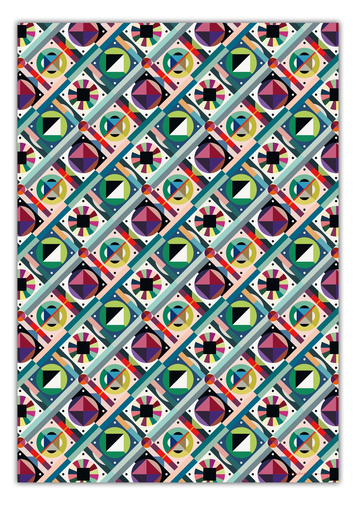 Buntes geometrisches Muster mit Rauten, Kreisen und diagonalen Linien in Rot, Grün, Blau und Gelb.