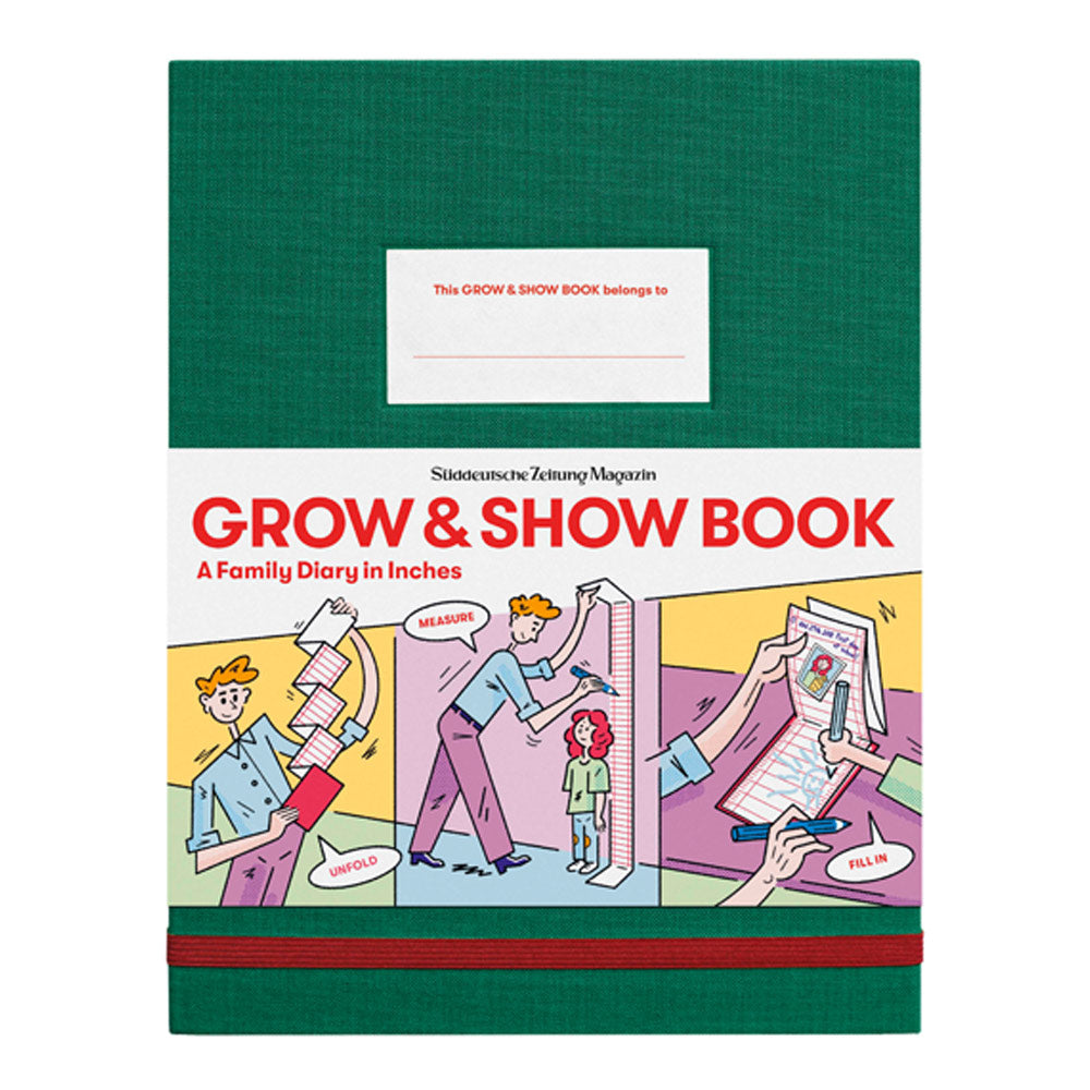 Ein grünes Grow & Show Book-Tagebuch mit illustrierten Anweisungen zum Messen und Aufzeichnen des Familienwachstums.