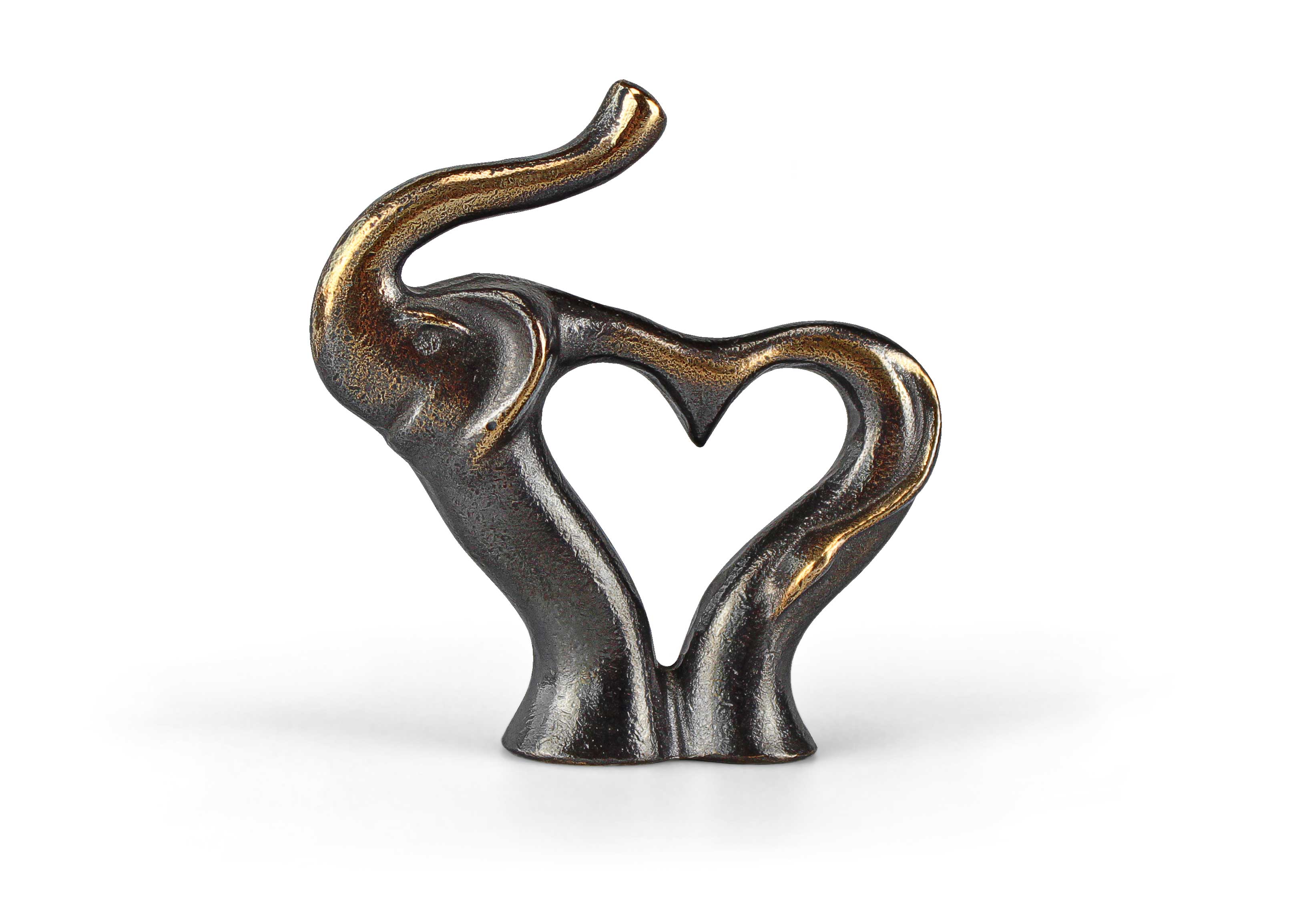 Bronzene Elefantenfigur, deren Rüssel und Beine in der Mitte ein Herz bilden.