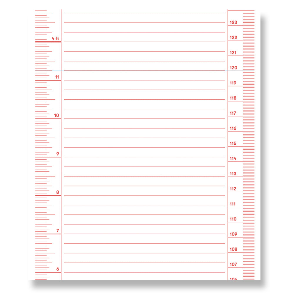 Liniertes Notizbuchpapier mit roten Rändern, nummerierten Zeilen und Höhenmarkierungen bis zu 4 Fuß auf der linken Seite.