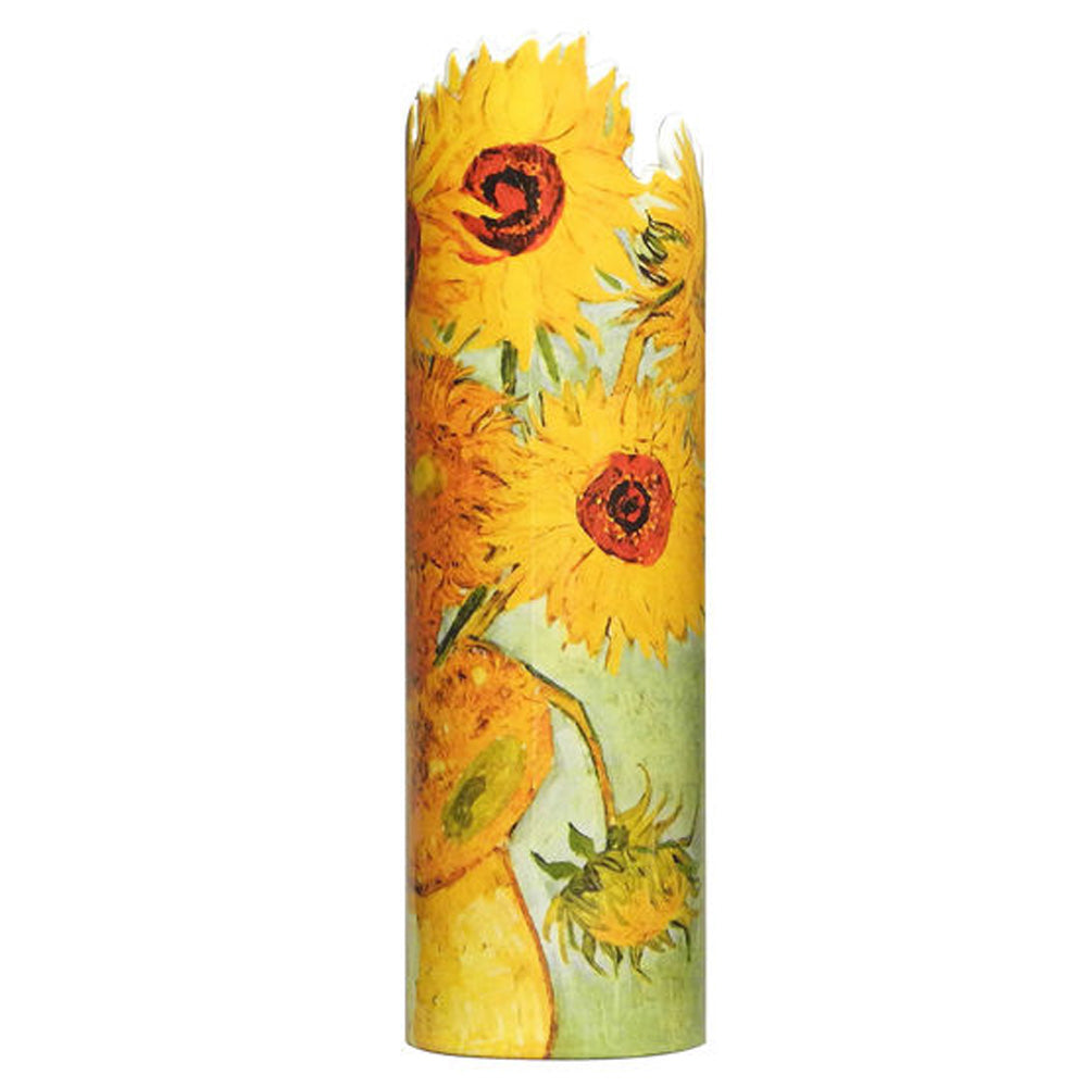 Zylindrisches Objekt, verziert mit einem Sonnenblumengemälde im Stil von Vincent van Gogh.