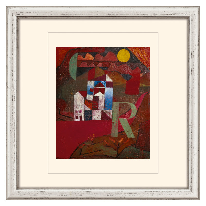 Abstrakte Kunst in warmen Tönen mit geometrischen Formen, einer Sonne und Gebäuden, gerahmt in weißem Passepartout und Holzrahmen.