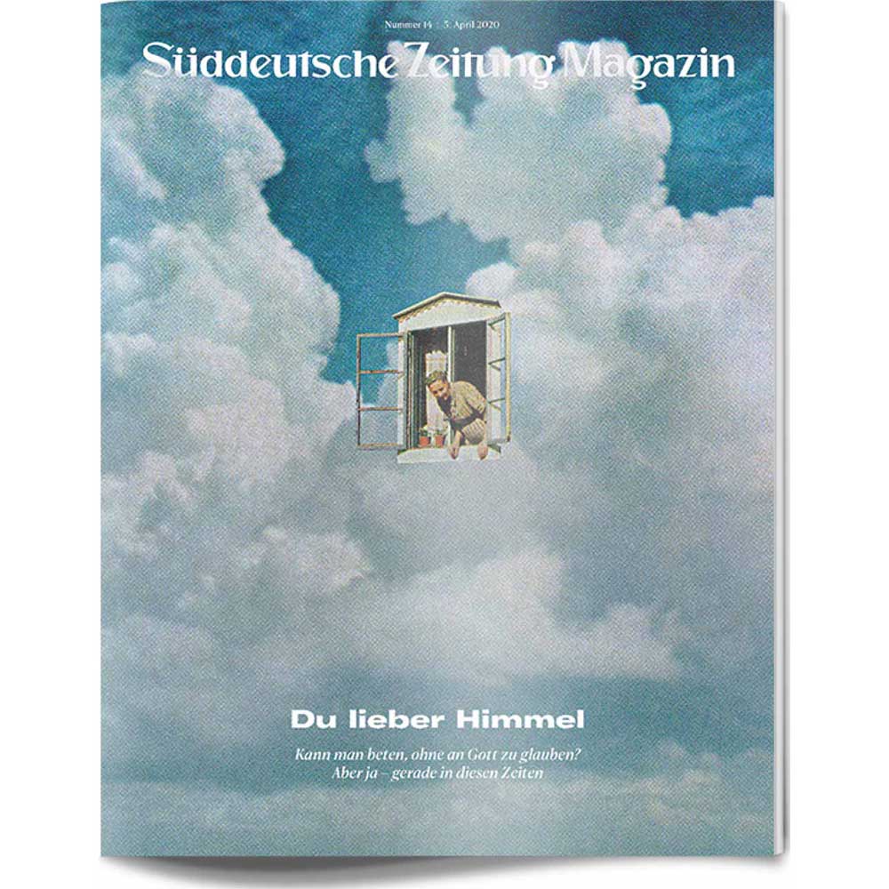 Auf dem Titelblatt des Süddeutsche Zeitung Magazins ist eine Person zu sehen, die an einem Fenster kniet und zwischen Wolken schwebt.