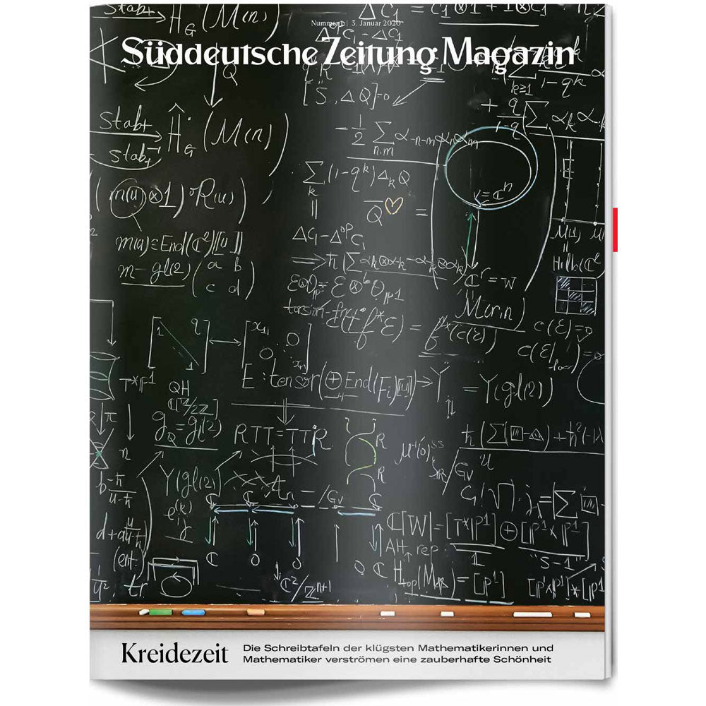 Ein Magazin-Cover mit einer Kreidetafel, die mit komplexen mathematischen Gleichungen und Diagrammen gefüllt ist.