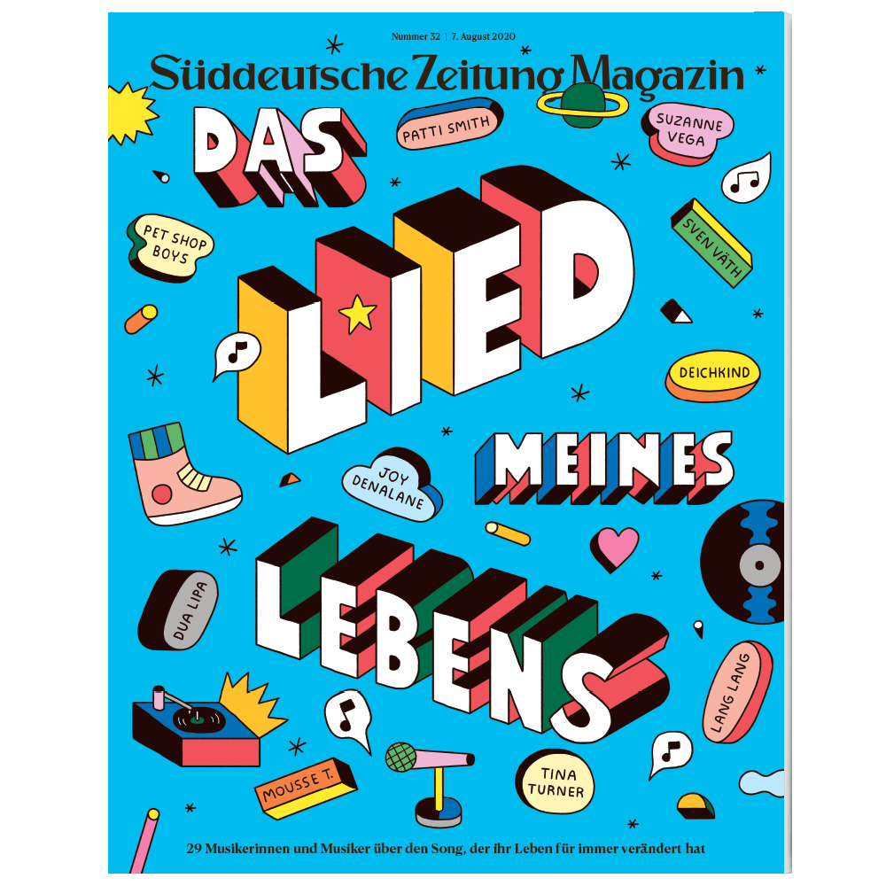 Buntes deutsches Magazin-Cover mit fettgedrucktem Text und musikbezogenen Kritzeleien auf einem hellblauen Hintergrund.