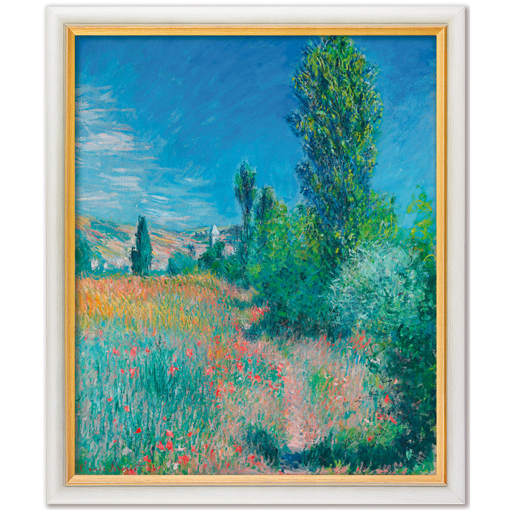 Impressionistisches Gemälde eines sonnigen Feldes mit Wildblumen, hohen grünen Bäumen und strahlend blauem Himmel.