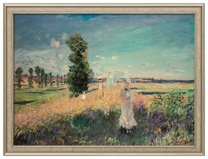 Impressionistisches Gemälde von Frauen auf einer sonnigen, blumenreichen Wiese unter einem blauen Himmel mit vereinzelten Wolken.