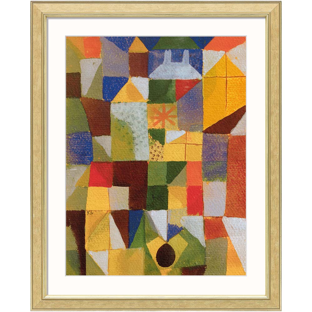 Abstraktes Kunstwerk mit bunten geometrischen Formen in Gelb, Rot, Grün, Blau und Orange, gerahmt in hellem Holz.