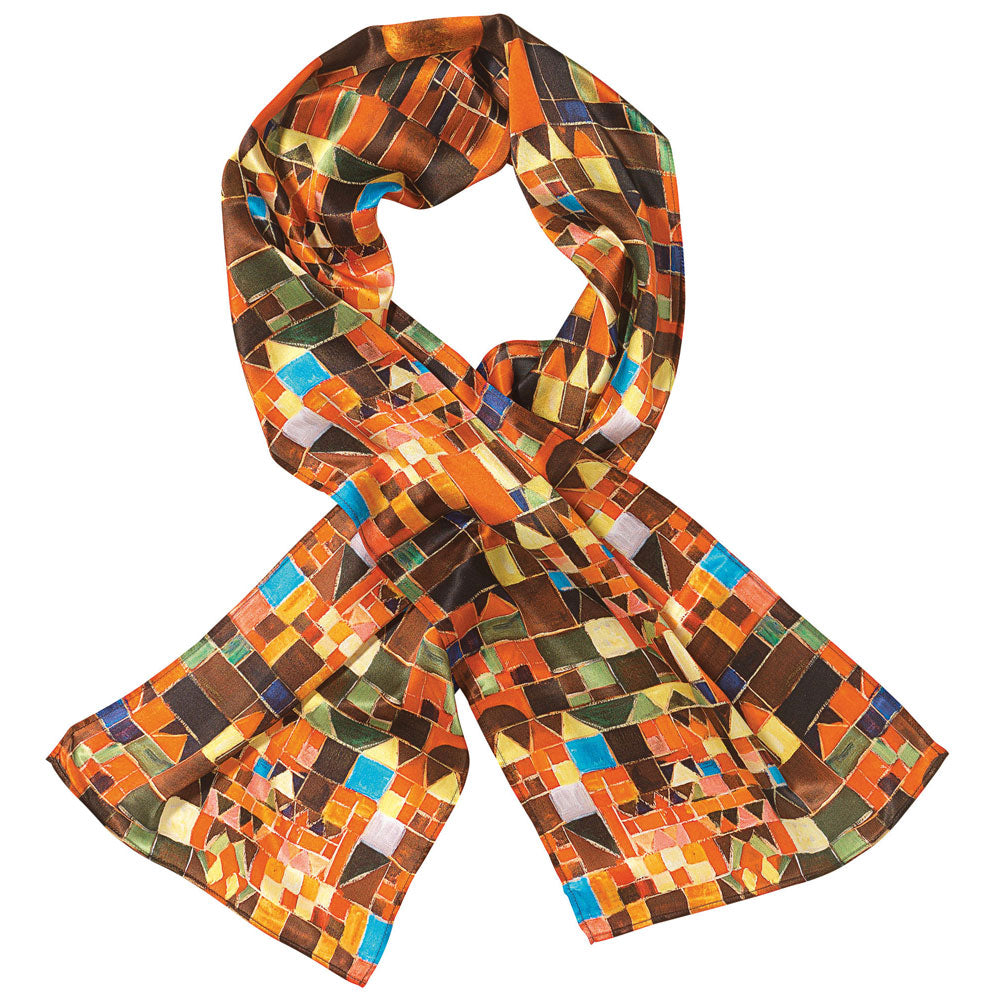 Farbenfroher Schal mit geometrischem Mosaikmuster in Orange-, Braun-, Grün-, Blau- und Gelbtönen.