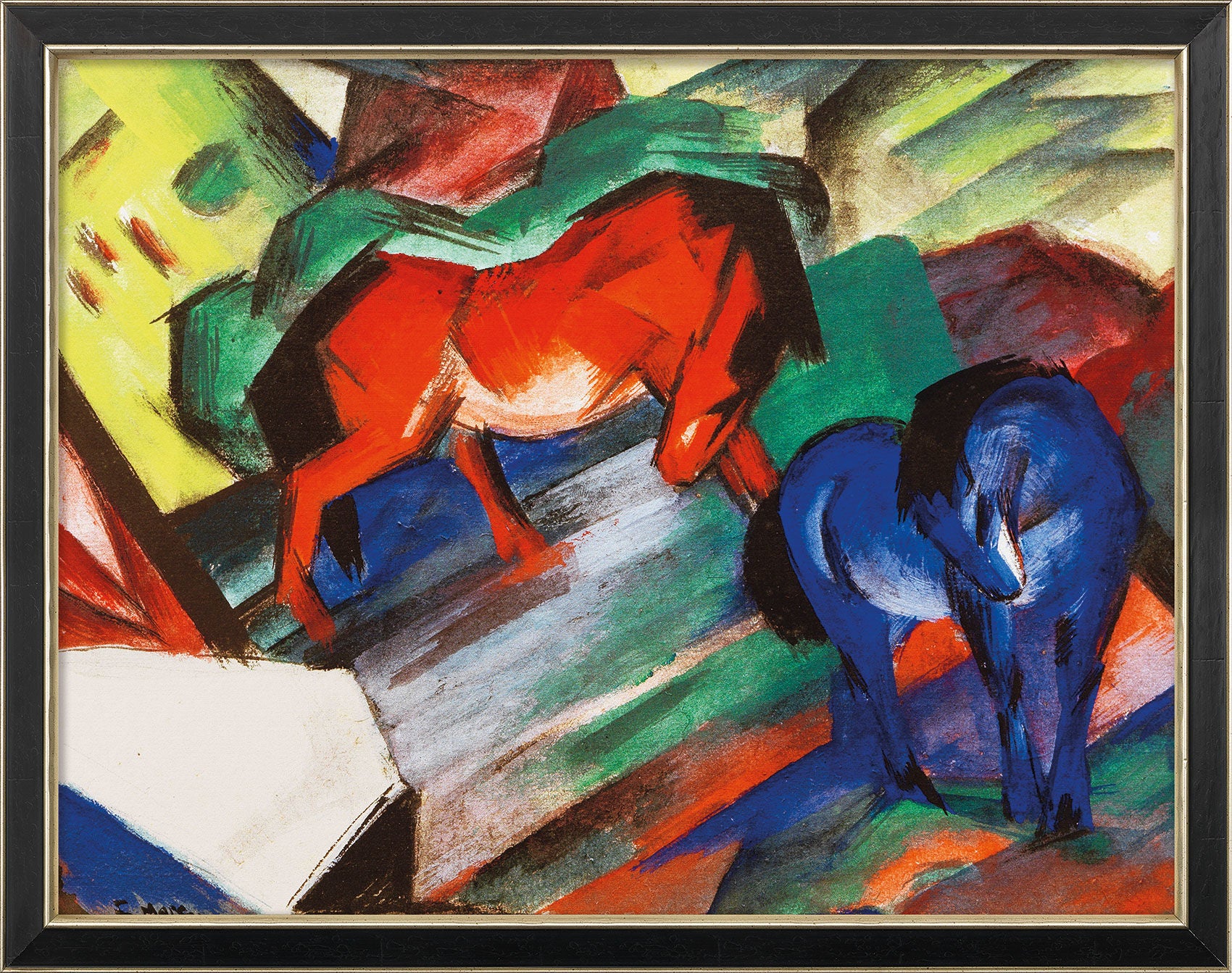 Abstraktes Gemälde eines roten und eines blauen Pferdes auf einem bunten, geometrischen Hintergrund.