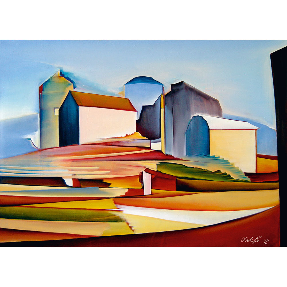 Abstraktes Gemälde von Bauerngebäuden und Silos mit geometrischen Formen und warmen Erdtönen unter blauem Himmel.