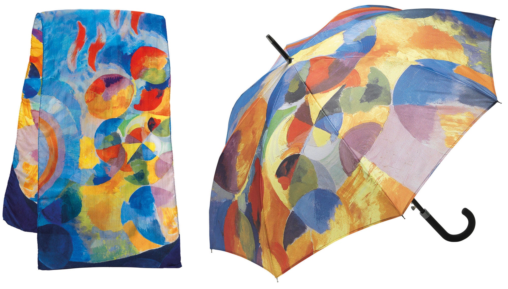 Farbenfroher Schal und Regenschirm mit abstrakten Kreis- und Pinselstrichmustern in Blau, Gelb, Orange und Rot.