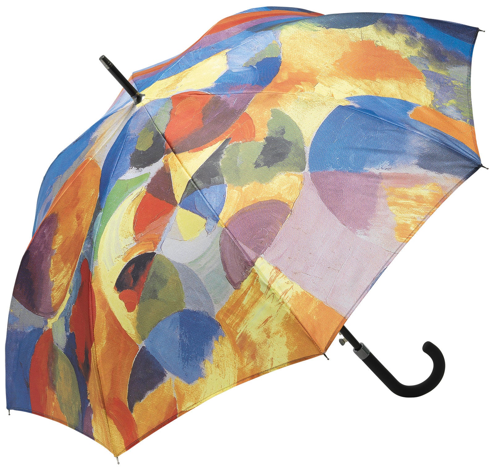 Bunter Regenschirm mit abstrakten, überlappenden Kreisen und Pinselstrichen in Gelb, Blau, Orange und Lila.