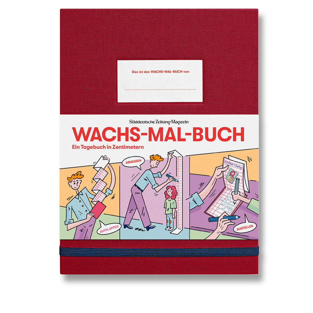 Ein farbenfrohes deutsches Wachstumstagebuch mit Cartoon-Illustrationen von Kindern, die gemessen werden.