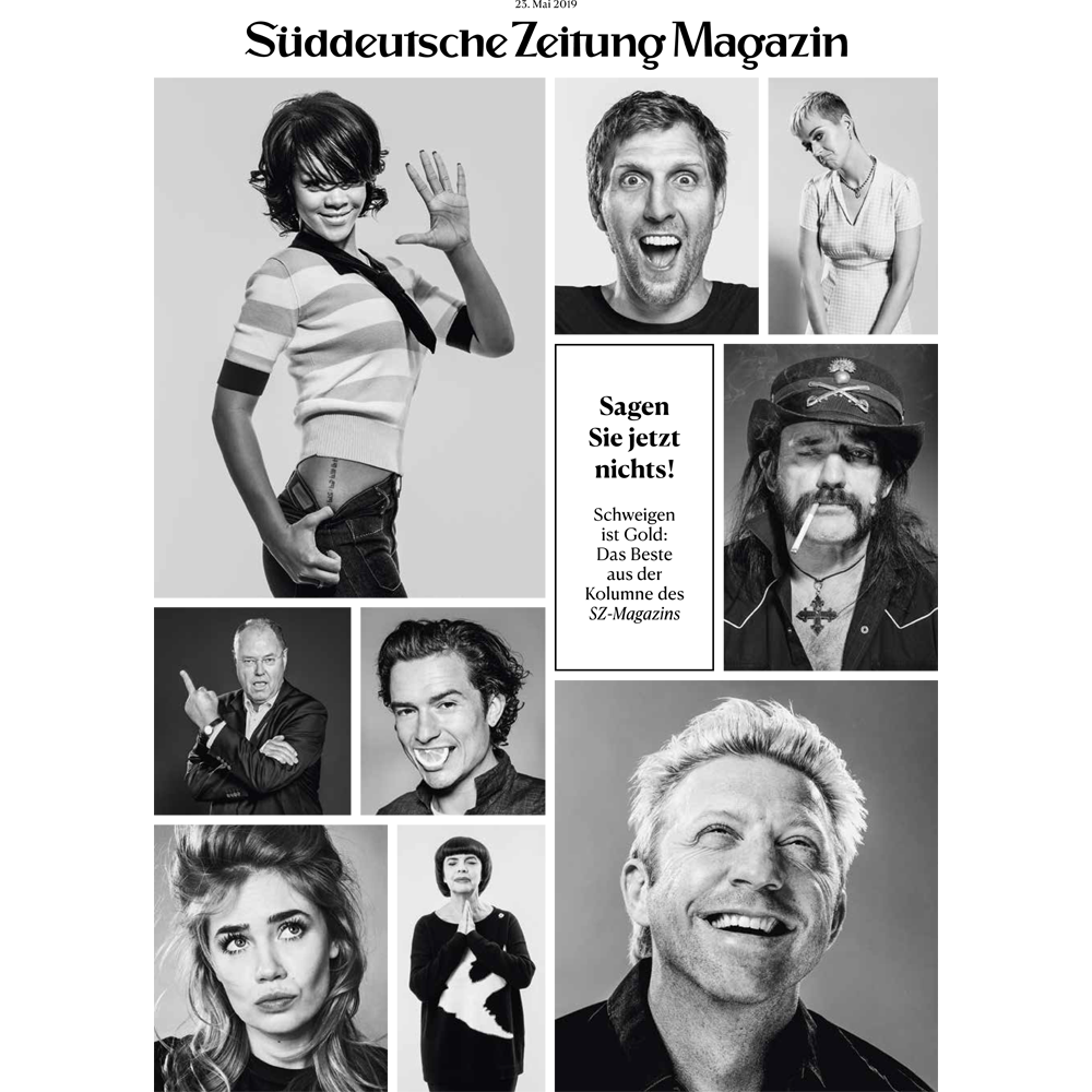 Collage aus ausdrucksstarken Schwarz-Weiß-Porträts von Männern und Frauen auf der Titelseite des Süddeutsche Zeitung Magazins.