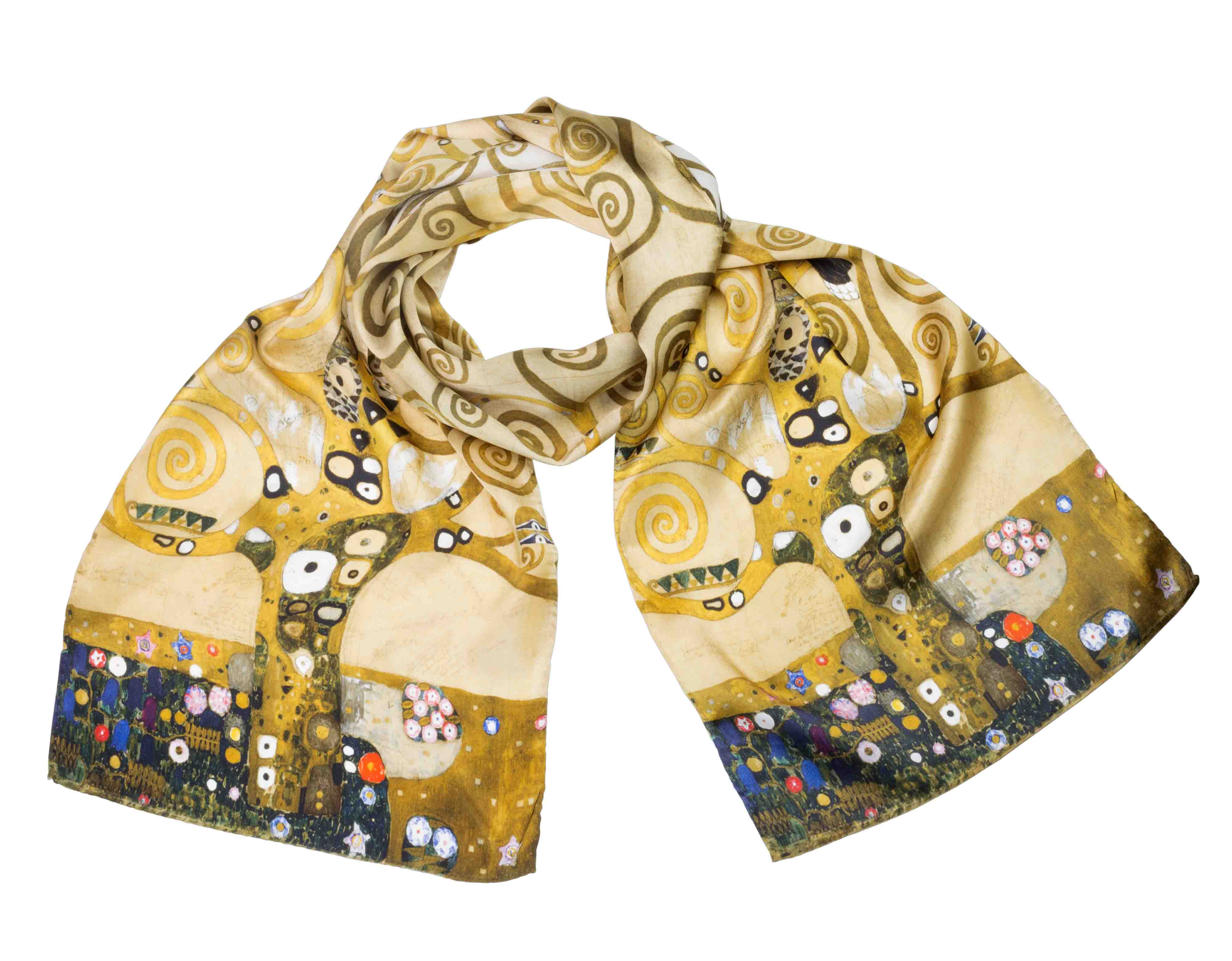 Ein farbenfroher Schal mit einem stilisierten Baumdesign, inspiriert von der Kunst Gustav Klimts, auf weißem Hintergrund.