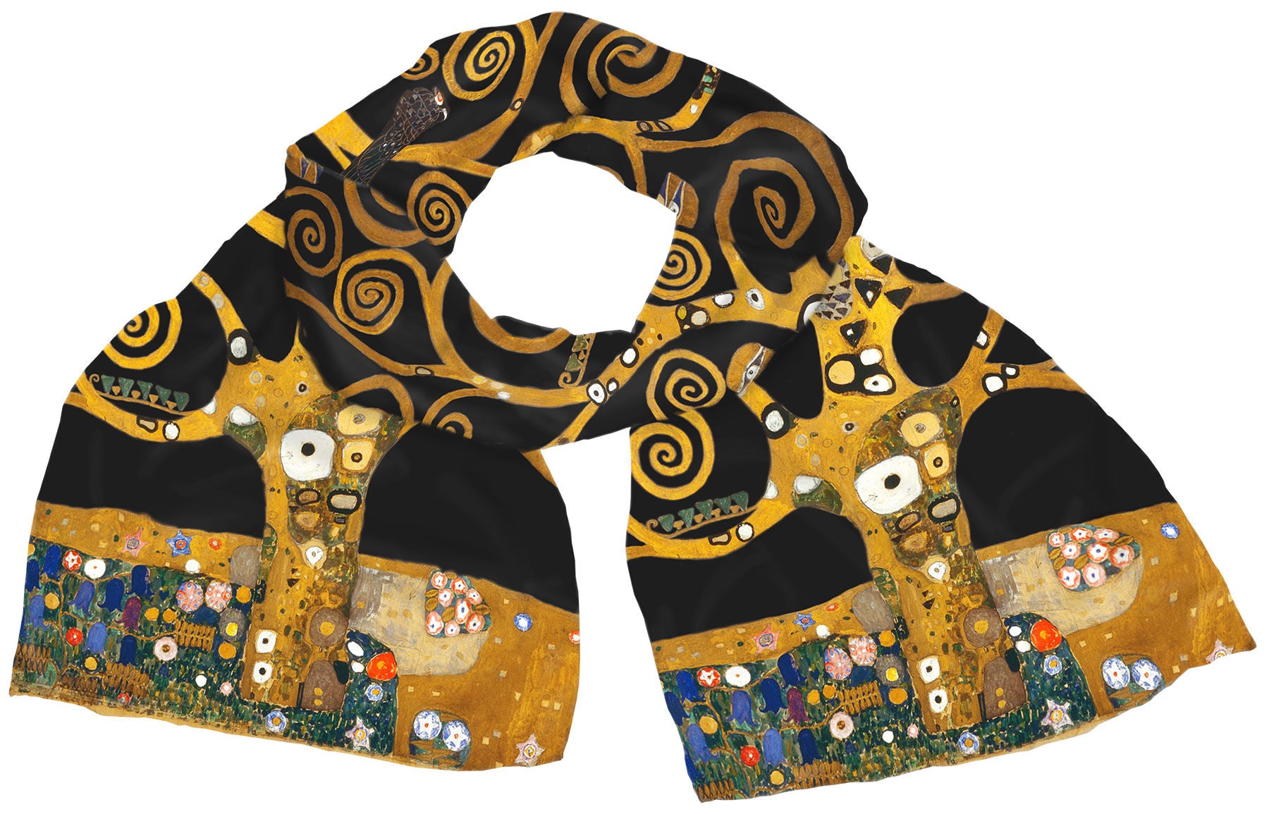 Ein Schal mit Gustav Klimts Lebensbaum mit wirbelnden goldenen Zweigen und bunten Blumen.