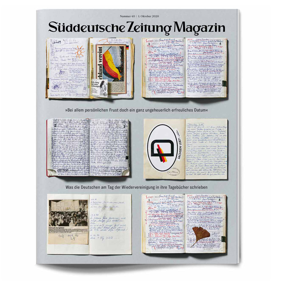Umschlag des Süddeutsche Zeitung Magazins mit handgeschriebenen Tagebuchseiten und alten Fotos zur deutschen Wiedervereinigung.