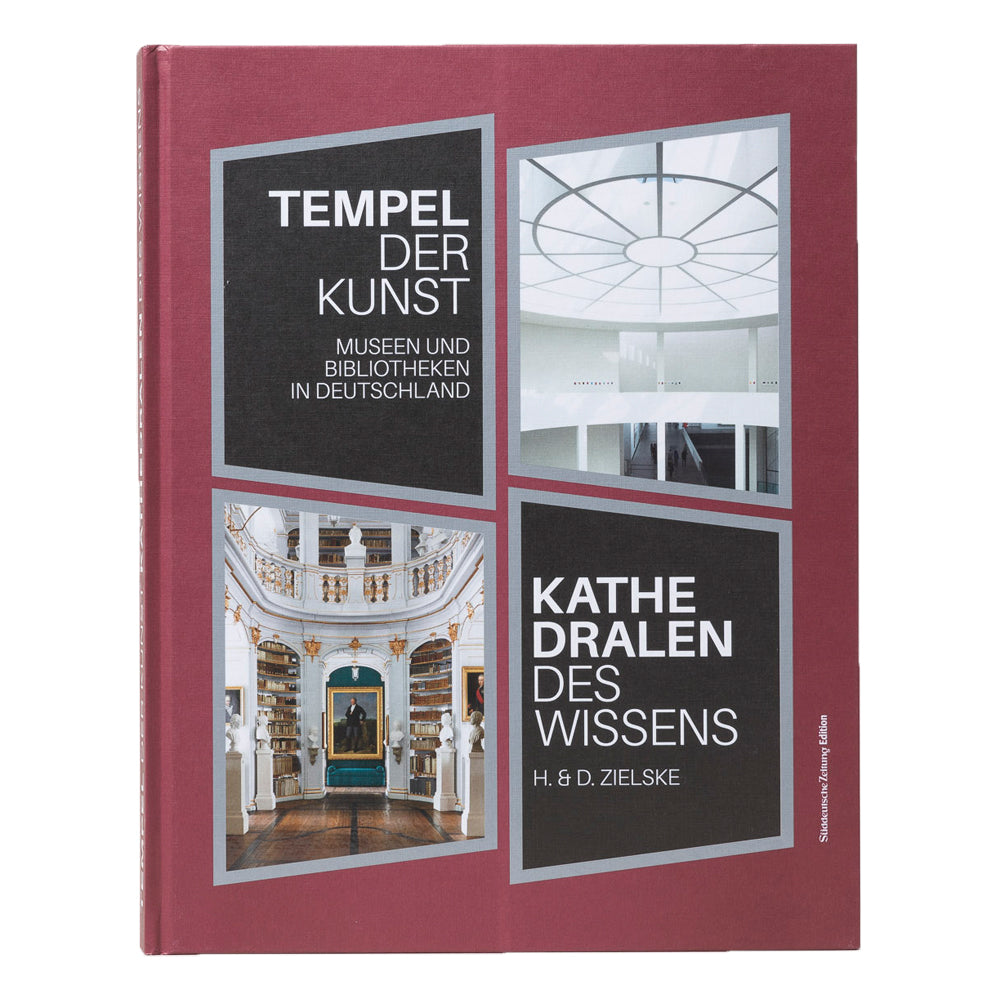 Buchdeckel mit vier fensterartigen Feldern, die Museums- und Bibliotheksinnenräume sowie deutsche und englische Buchtitel zeigen.