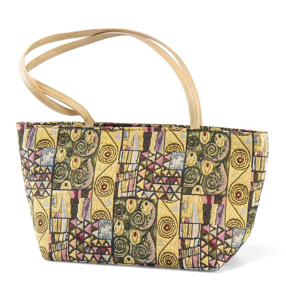 Eine Handtasche mit hellbraunen Riemen und einem abstrakten geometrischen Wirbelmuster in Gelb-, Grün- und Rosatönen.